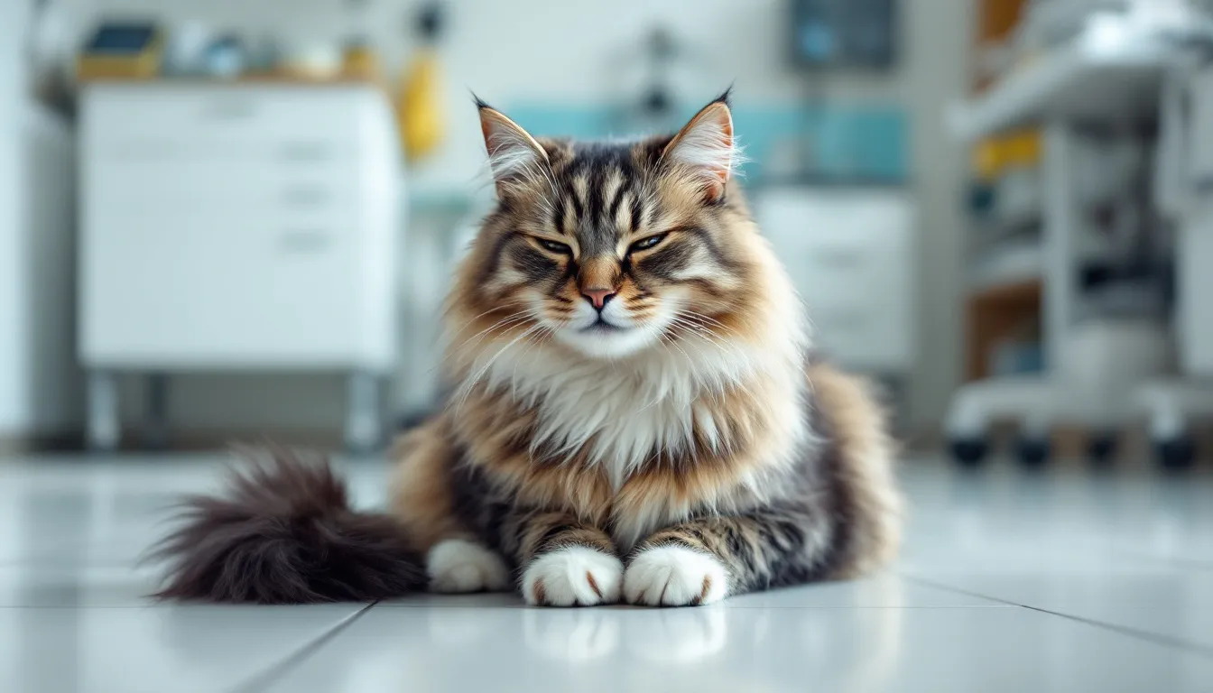 Een kat zit op de onderzoekstafel bij de dierenarts, met een verstopte neus en vieze ogen, wat symptomen zijn van een verkoudheid bij de kat. De dierenarts onderzoekt de kat op mogelijke oorzaken zoals chronische niesziekte of een acute virale infectie.