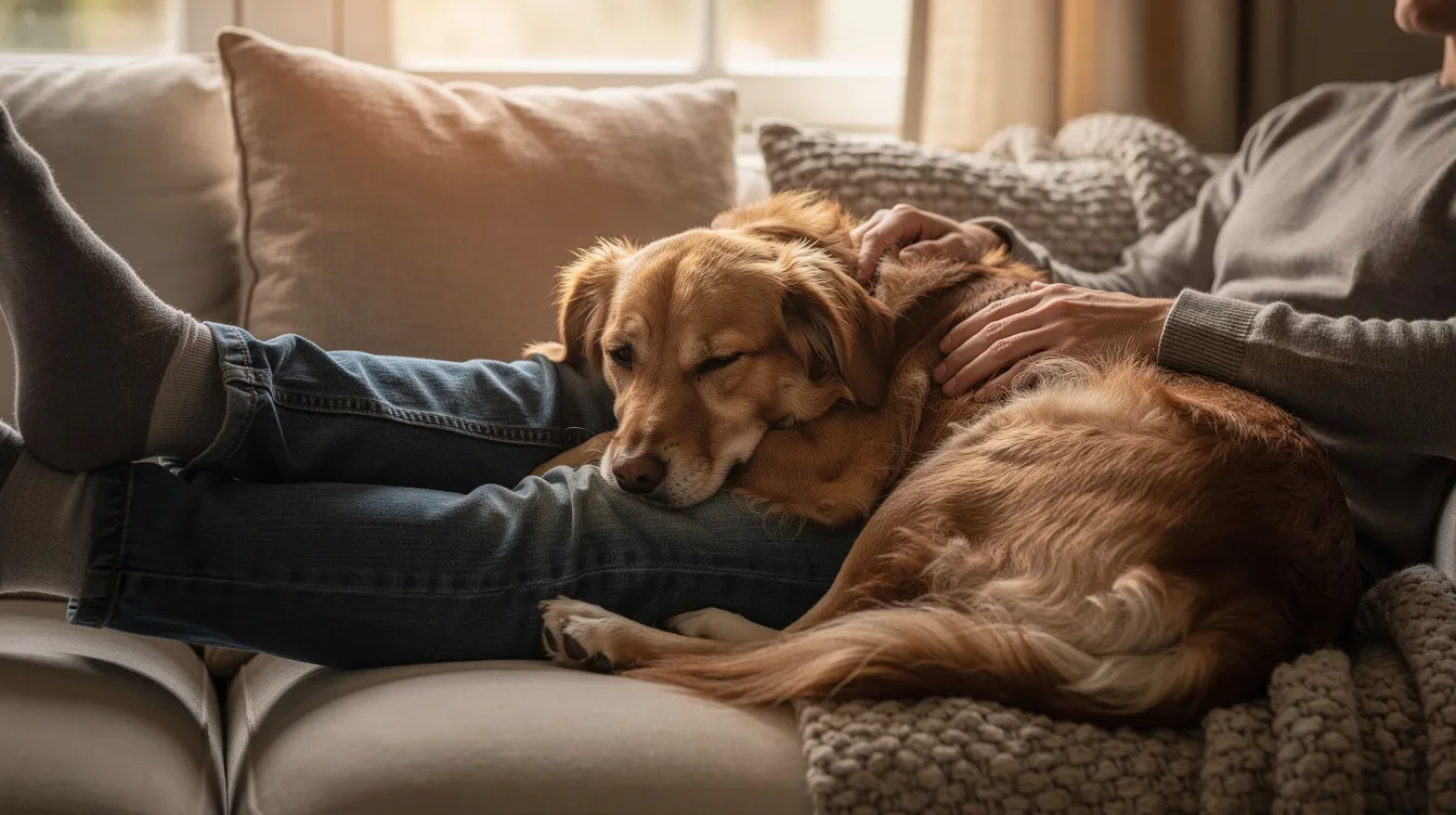 A calm dog is leaning against a person's legs on a couch, enjoying a relaxed moment together. This scene captures the essence of companionship, highlighting how a dog's mood can affect their owner's stress levels and overall happiness.