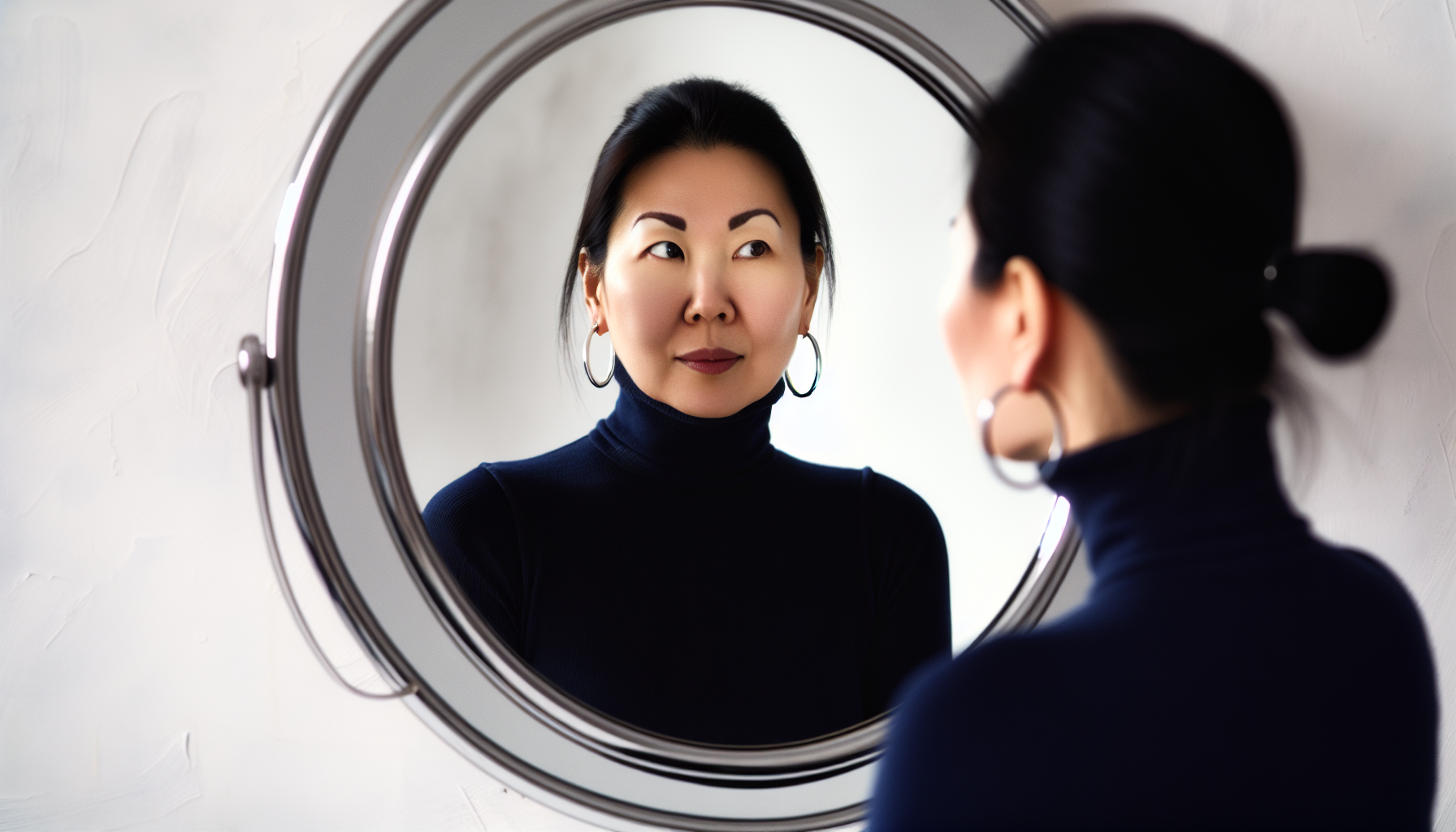 A person looking at a mirror with a confident expression, reflecting self-esteem enhancement