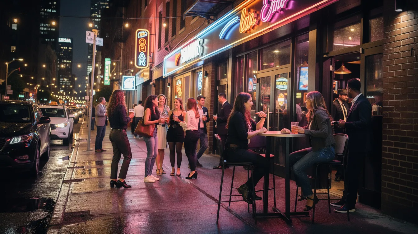 A lively scene outside a bar in Murray Hill, NYC, where a diverse crowd of people is mingling and enjoying the nightlife. Guests are engaged in conversation, laughing, and making connections, creating a warm and inviting atmosphere typical of this vibrant neighborhood.