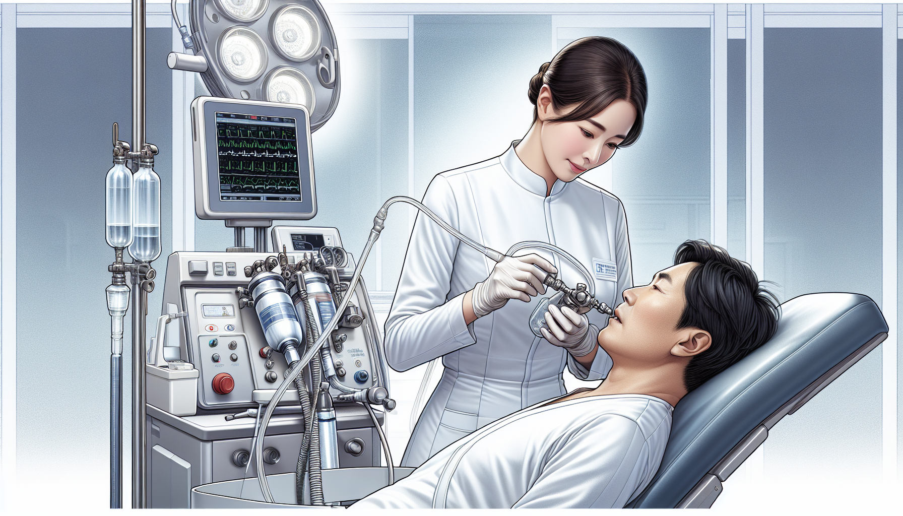 Illustration of a medical professional administering nitrous oxide to a patient