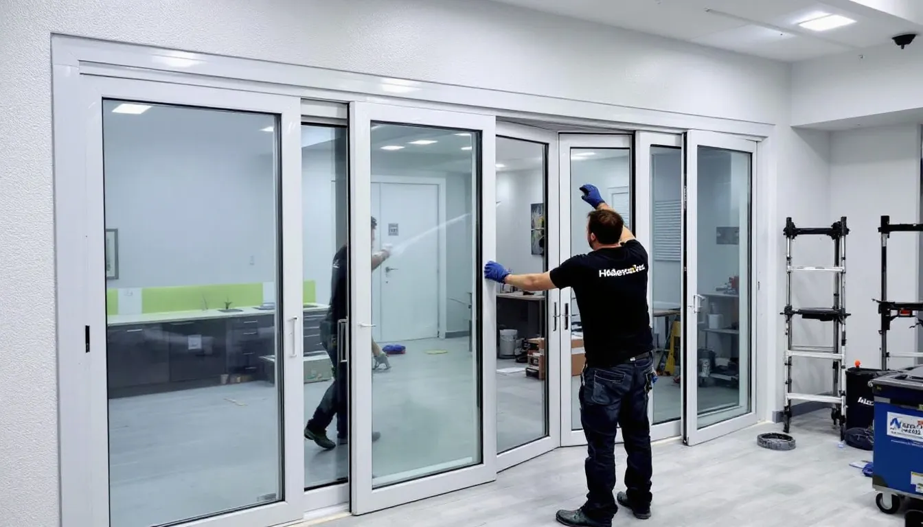 Een professionele installatie van een grote aluminium schuifpui, waarbij de schuifpui perfect past in de opening en zorgt voor een naadloze verbinding tussen binnen- en buitenruimte. Deze schuifpui biedt niet alleen een moderne uitstraling, maar ook uitstekende isolatie en duurzaamheid dankzij de hoogwaardige aluminium kozijnen.