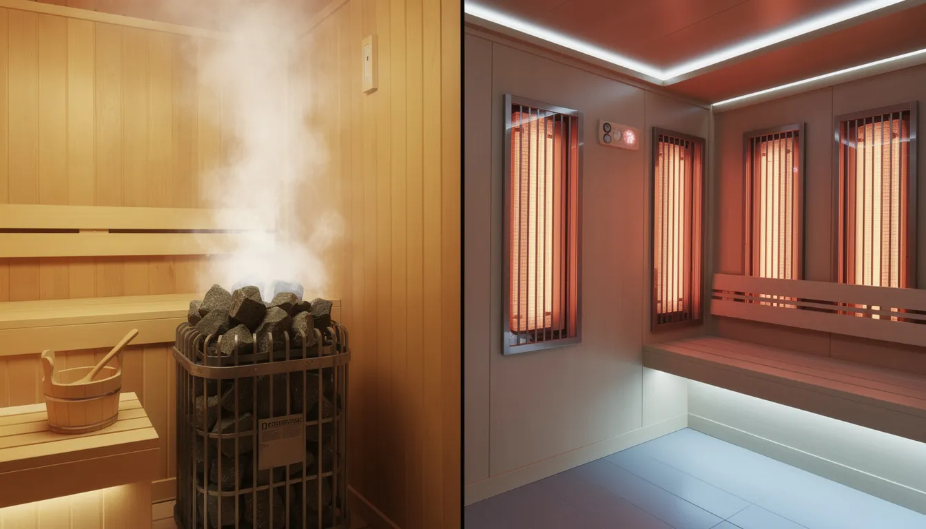 The image shows a side-by-side comparison of a traditional wooden sauna emitting steam on one side and a modern infrared sauna equipped with LED panels on the other. This visual highlights the differences in design and functionality, emphasizing the health benefits of both sauna types, including weight loss and improved blood circulation through infrared sauna therapy.