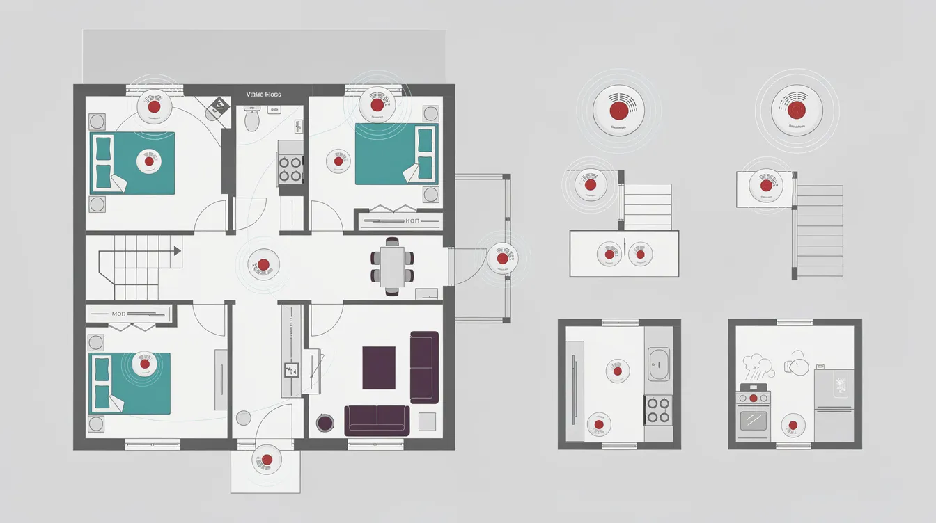 A smoke alarm placement guide showing essential locations within a home.