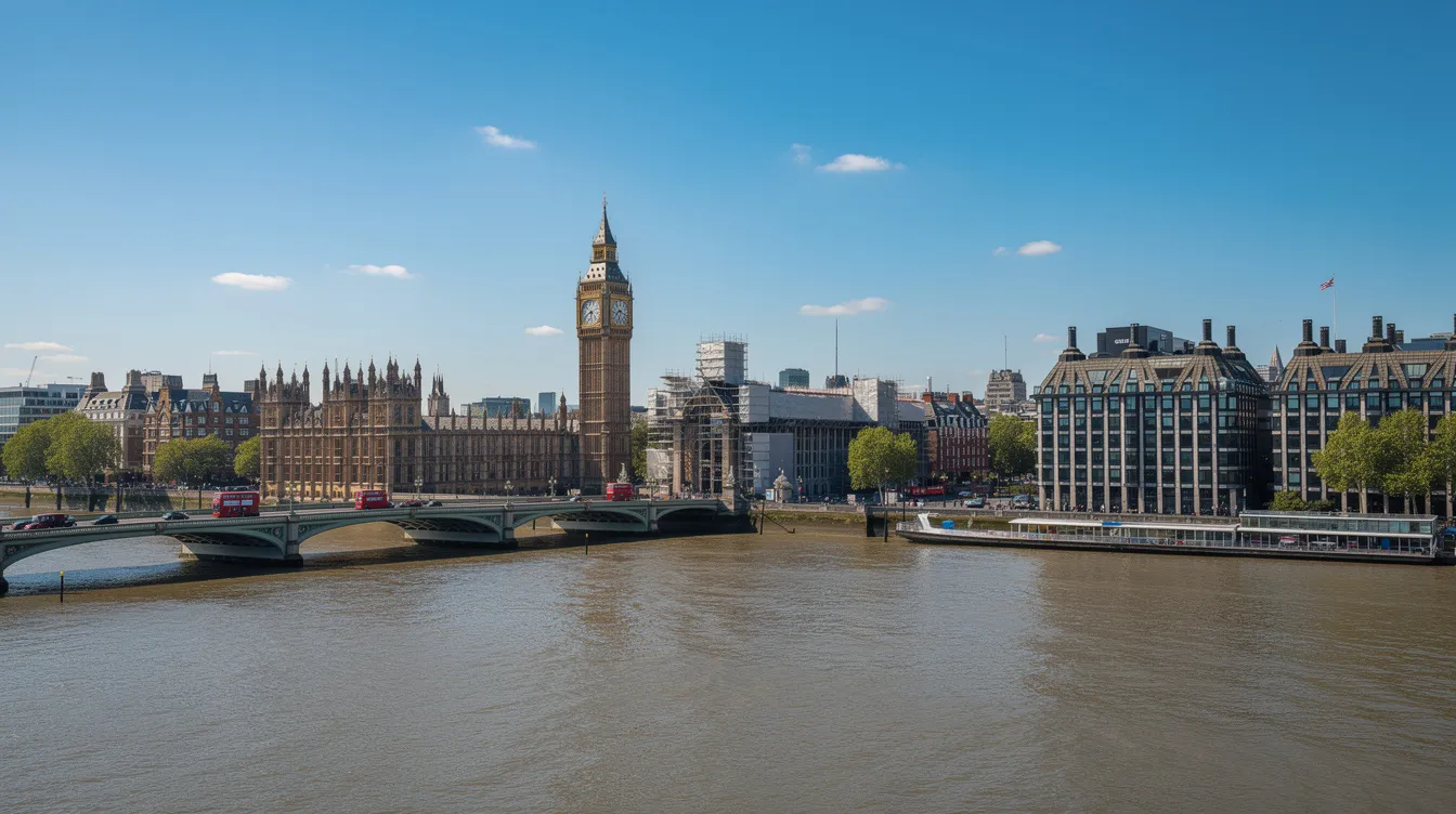 The image showcases the iconic London skyline on a clear day, featuring Big Ben prominently alongside the Thames River. This picturesque view represents the heart of the United Kingdom, a country where individuals may aspire to acquire British citizenship through various immigration pathways.