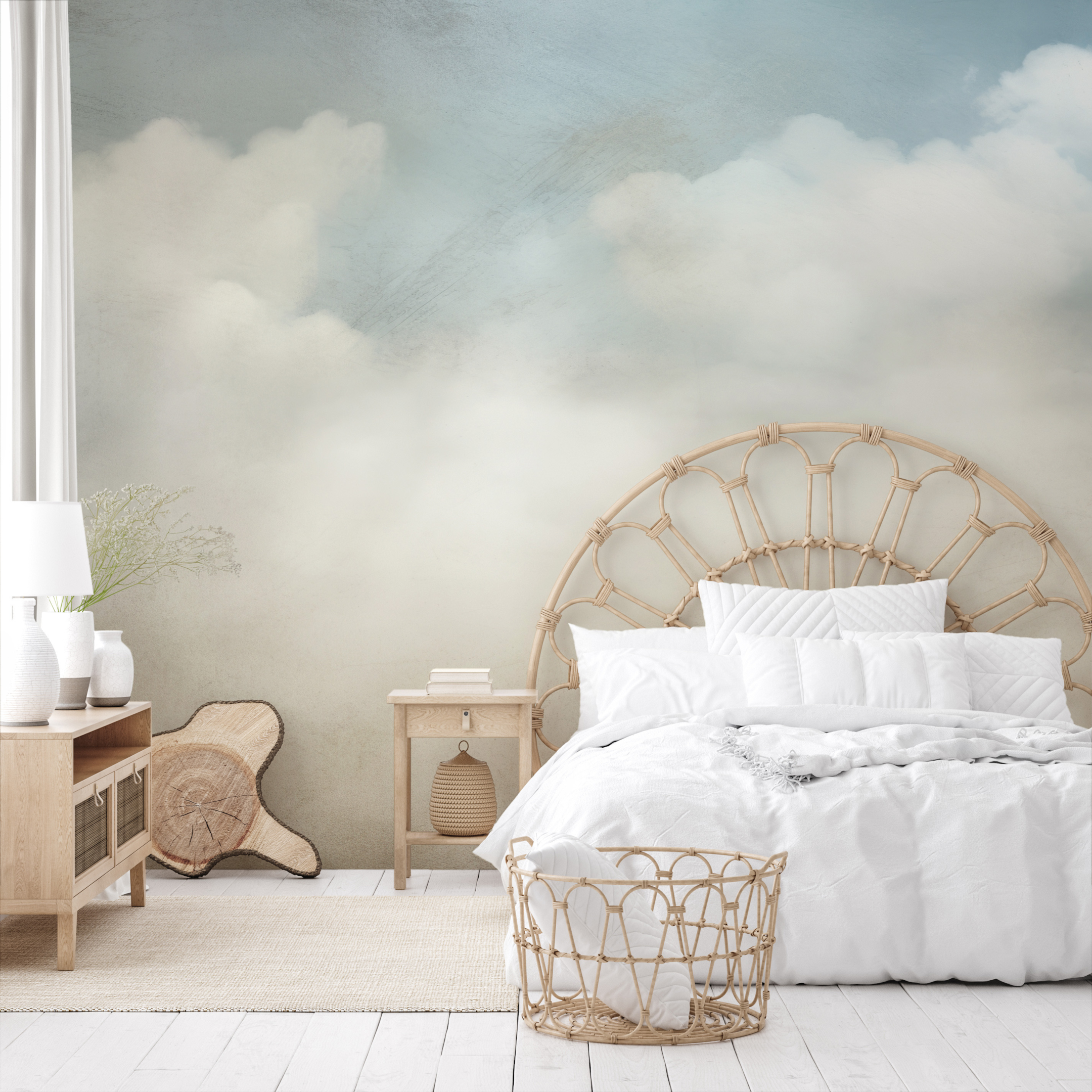 One of our photo wallpapers from the "Concrete&Clouds" collection placed on the wall in the bedroom