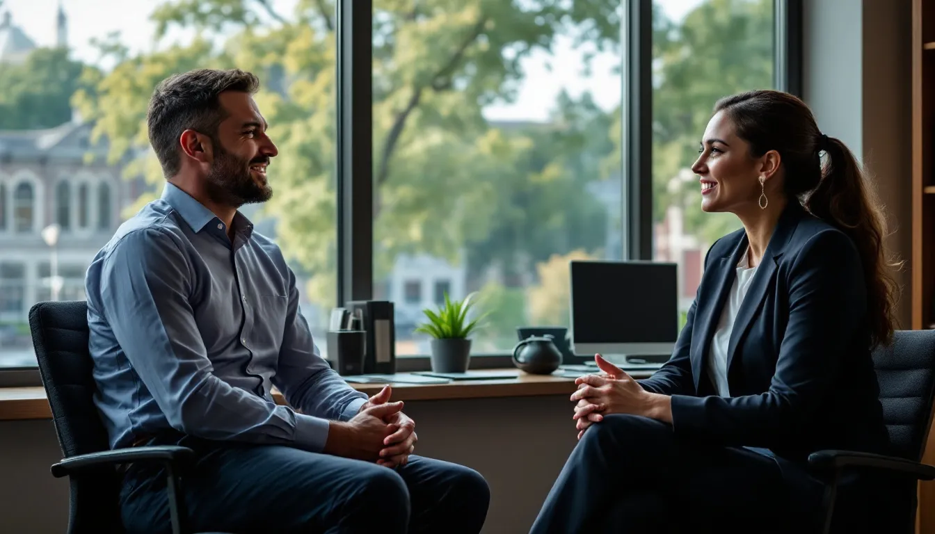 In the image, an experienced criminal lawyer is meeting with a satisfied client in a law office, with a scenic view of Durham, North Carolina, visible in the background. The client is seeking assistance with a shoplifting case involving misdemeanor larceny charges, reflecting a serious offense that could lead to significant legal consequences.