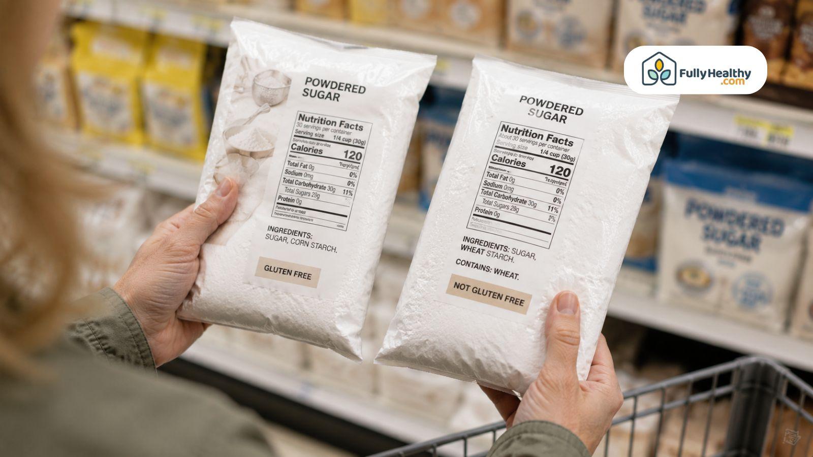 Shopper compares gluten-free and wheat-containing powdered sugar ingredient labels