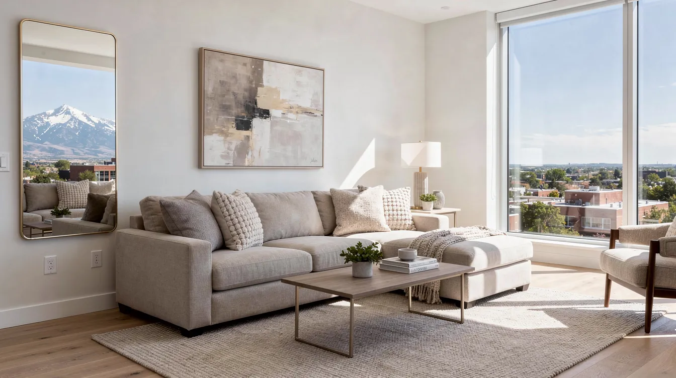 A professionally staged Denver condo living room features neutral furnishings and large windows that flood the space with natural light, while a mirror reflects the stunning mountain view outside. This inviting atmosphere is designed to enhance the appeal for potential buyers during open house events, showcasing the value of expert home staging.