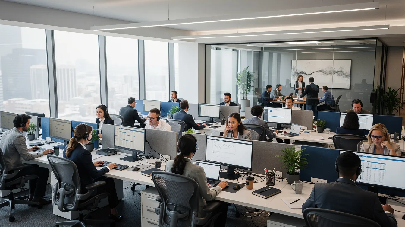 The image depicts a busy corporate office where employees are focused on their computers, engaged in various tasks related to payroll management and HR operations. This scene reflects the dynamic environment of a workplace utilizing payroll software solutions to streamline payroll processing and enhance employee efficiency.