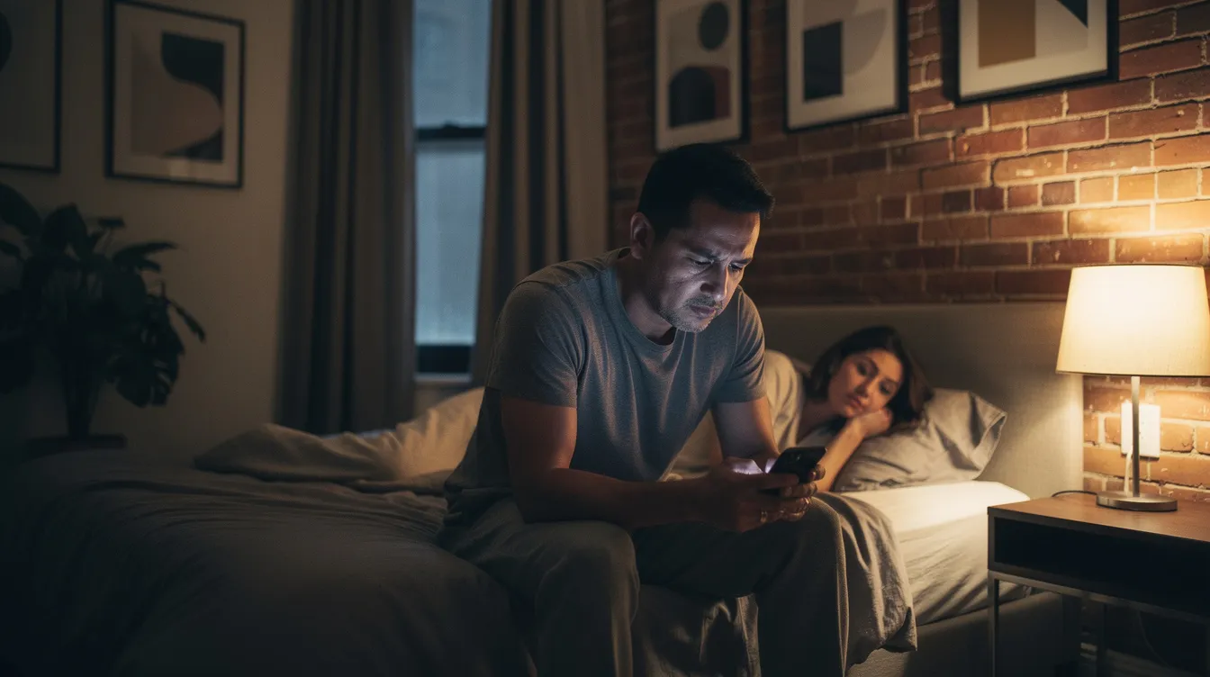 In a modern Brooklyn brownstone bedroom at night, a diverse straight couple in their late 30s is captured in an ultra-realistic documentary style. The husband, a Latino man with dark hair, sits on the edge of the bed looking at his phone with a tired expression, while his white brunette wife lies behind him, turned slightly away, suggesting a moment of emotional distance despite their intimate setting.