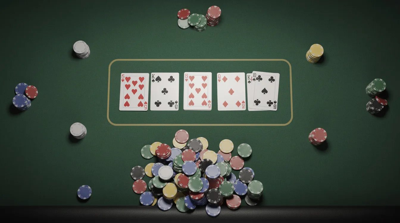 The image shows an overhead view of a poker table featuring community cards and chips, highlighting the excitement of a pot limit Omaha game. Players can strategize their moves based on the five community cards laid out, aiming for the best possible high or low hand in this split pot game.