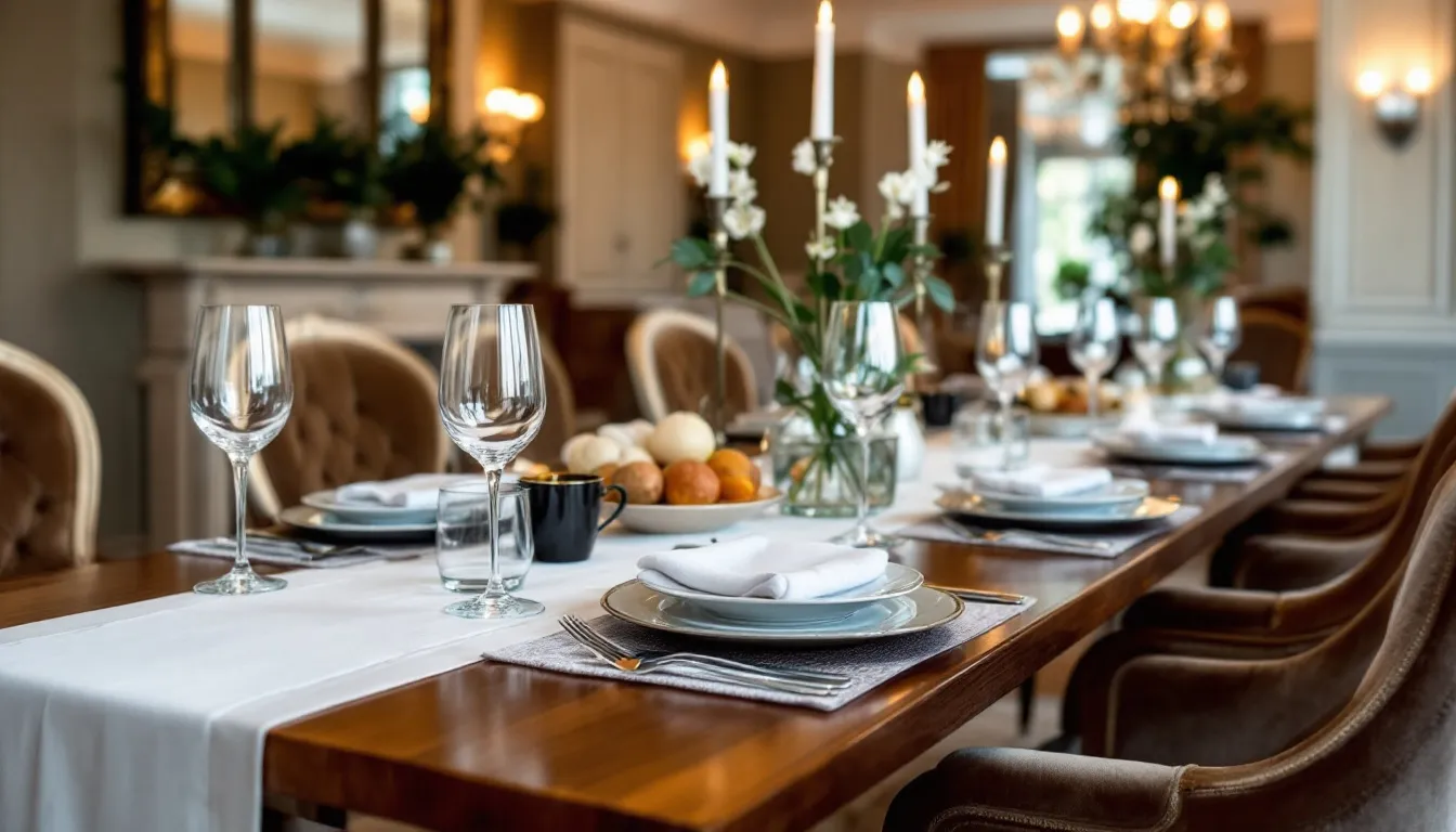 The image depicts an elegant dining room setup featuring a modern dining table surrounded by upholstered dining chairs, showcasing a formal table setting that highlights timeless style and premium materials. The light grey upholstered seats blend seamlessly with the solid wood table, creating a sophisticated atmosphere for guests.