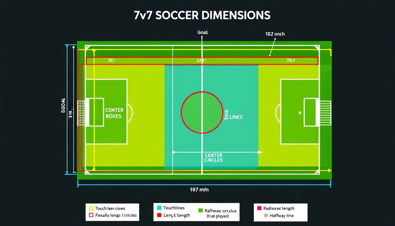 A diagram showing the dimensions of a 7v7 soccer field.