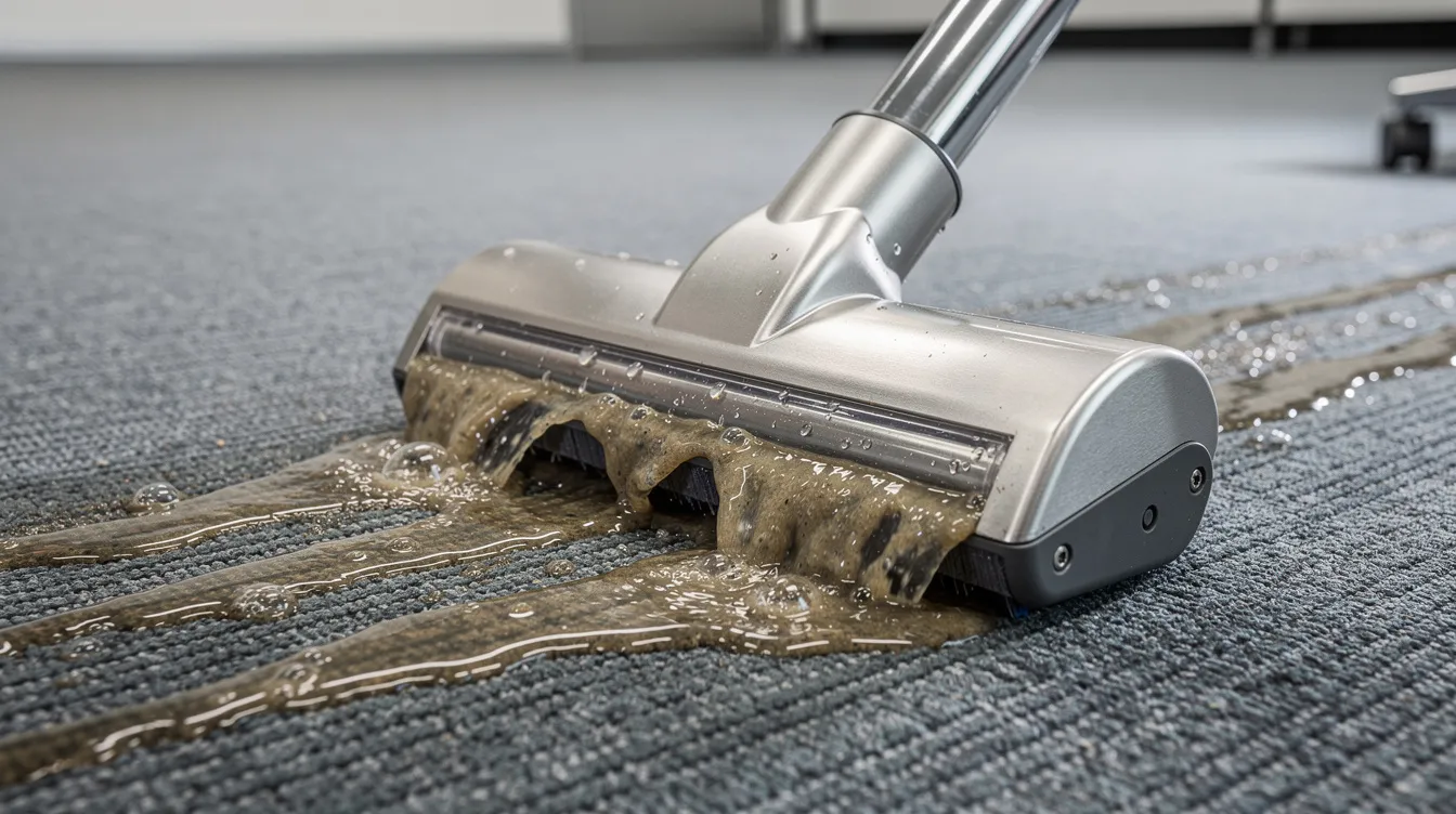 A close-up view of an industrial carpet cleaning wand is shown extracting water from a commercial carpet, highlighting the powerful suction and effectiveness of professional carpet cleaners in removing dirt and stubborn stains. The image emphasizes the cleaning solution being utilized for a deeper clean and maintenance of the carpet.