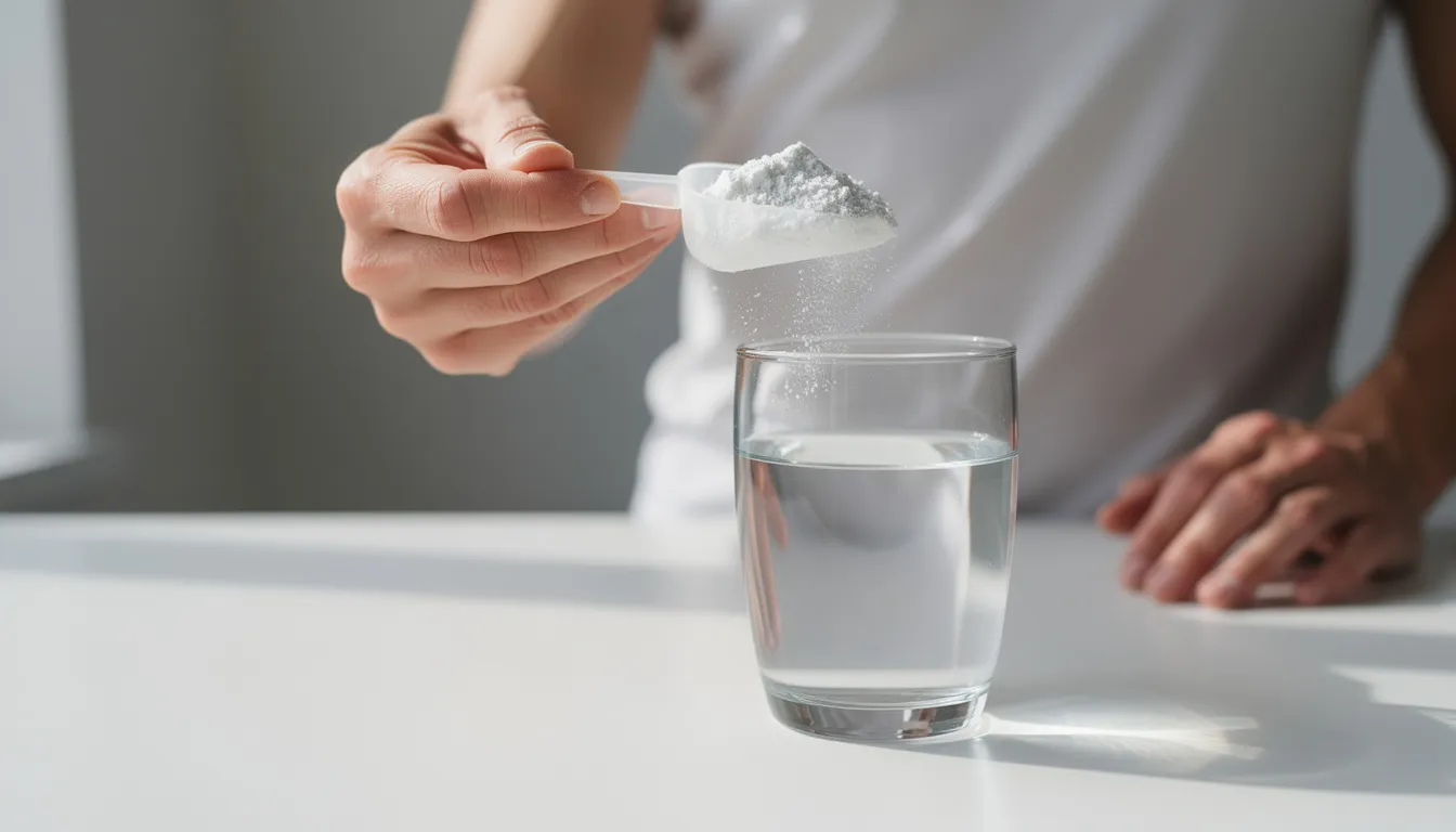 The image shows a person holding a scoop of white powder supplement, likely creatine monohydrate, next to a glass of water, suggesting preparation for creatine supplementation to enhance muscle growth and athletic performance. This dietary supplement is commonly used to support muscle recovery and boost energy production during intense workouts.