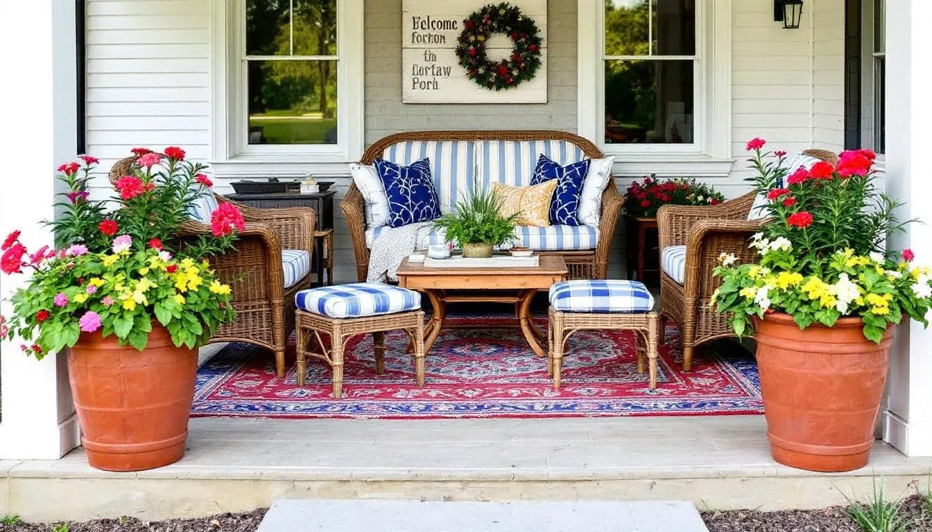 A charming front porch features comfortable outdoor furniture, vibrant rugs, and symmetrical planters, creating an inviting atmosphere that enhances the home's curb appeal. The well-designed space serves as a welcoming entrance, perfect for enjoying the front yard and making a great first impression.