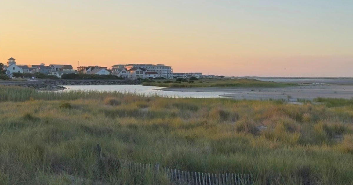 Sunset view from the North Wildwood seawall with marsh grasses, calm water, and beach homes in the distance.