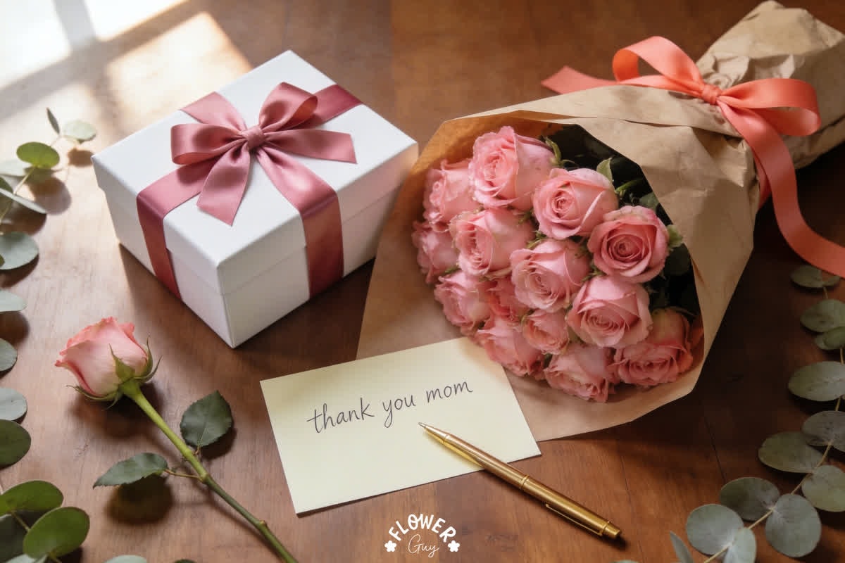 Pink rose bouquet with thank you mom card and gift box on wooden table, Mother's Day gift ideas from Flower Guy