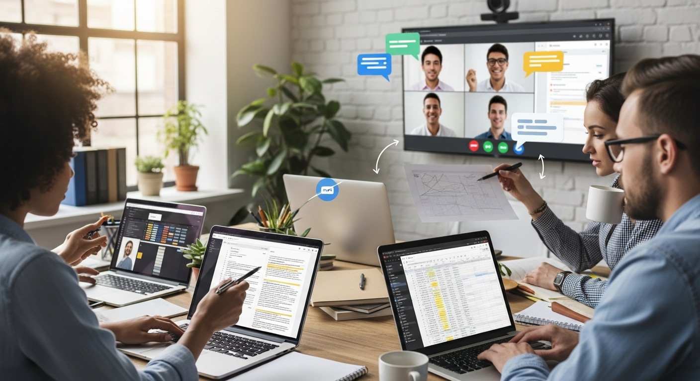 Real-time collaboration scene with team members editing shared documents and communicating through cloud tools.