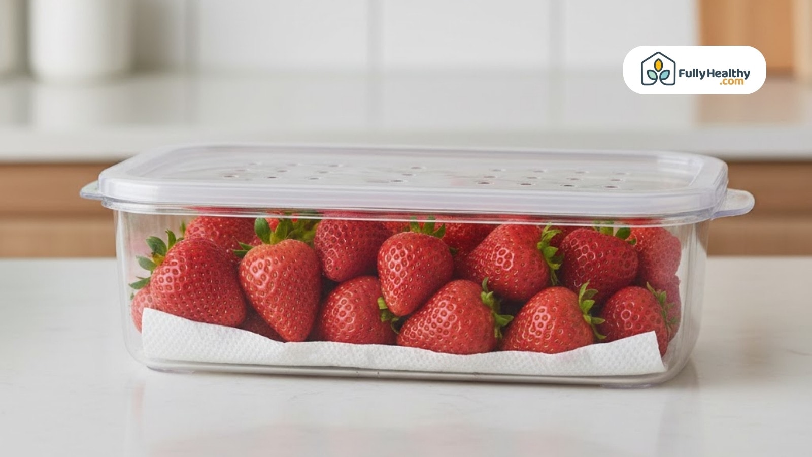 Fresh strawberries stored in ventilated container with paper towel lining