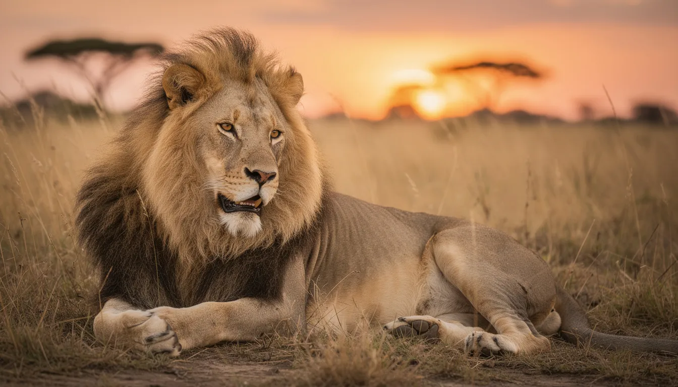 A majestic lion is resting in a field of golden grass, showcasing a relaxed expression as it enjoys the warmth of the sun. This serene moment captures the essence of feline contentment, reminiscent of how domestic cats purr to communicate their happiness and comfort.