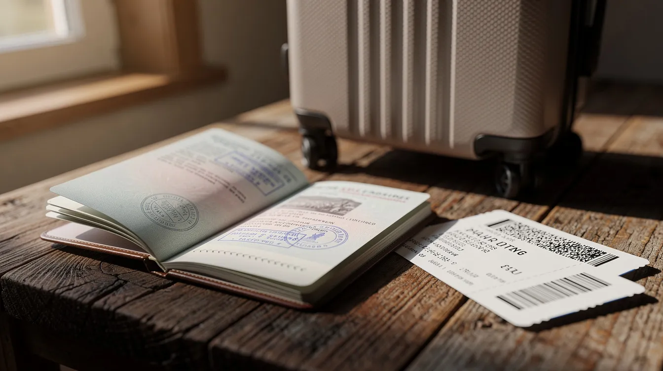 An open passport rests on a wooden table beside a boarding pass and a small suitcase, symbolizing the preparations for travel. This image evokes thoughts about visa requirements and the necessary documents for those planning to visit Ireland.