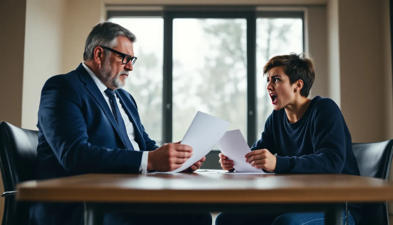 In einem Bürogespräch überreicht ein Arbeitgeber einem Arbeitnehmer eine Abmahnung im Arbeitsrecht, während beide ernsthaft miteinander sprechen. Die Situation deutet auf mögliche Pflichtverstöße und die Konsequenzen im Arbeitsverhältnis hin.