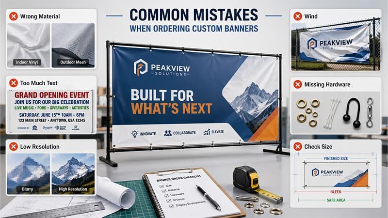 Common mistakes when ordering custom banners, including wrong material, too much text, low resolution, wind issues, missing hardware, and incorrect size.