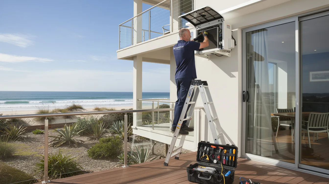 An air conditioning technician is performing aircon servicing and maintenance at a coastal property in West Beach, ensuring the air conditioning system operates efficiently. The technician is engaged in the regas procedure, working with a regas machine to refresh the refrigerant and improve performance.