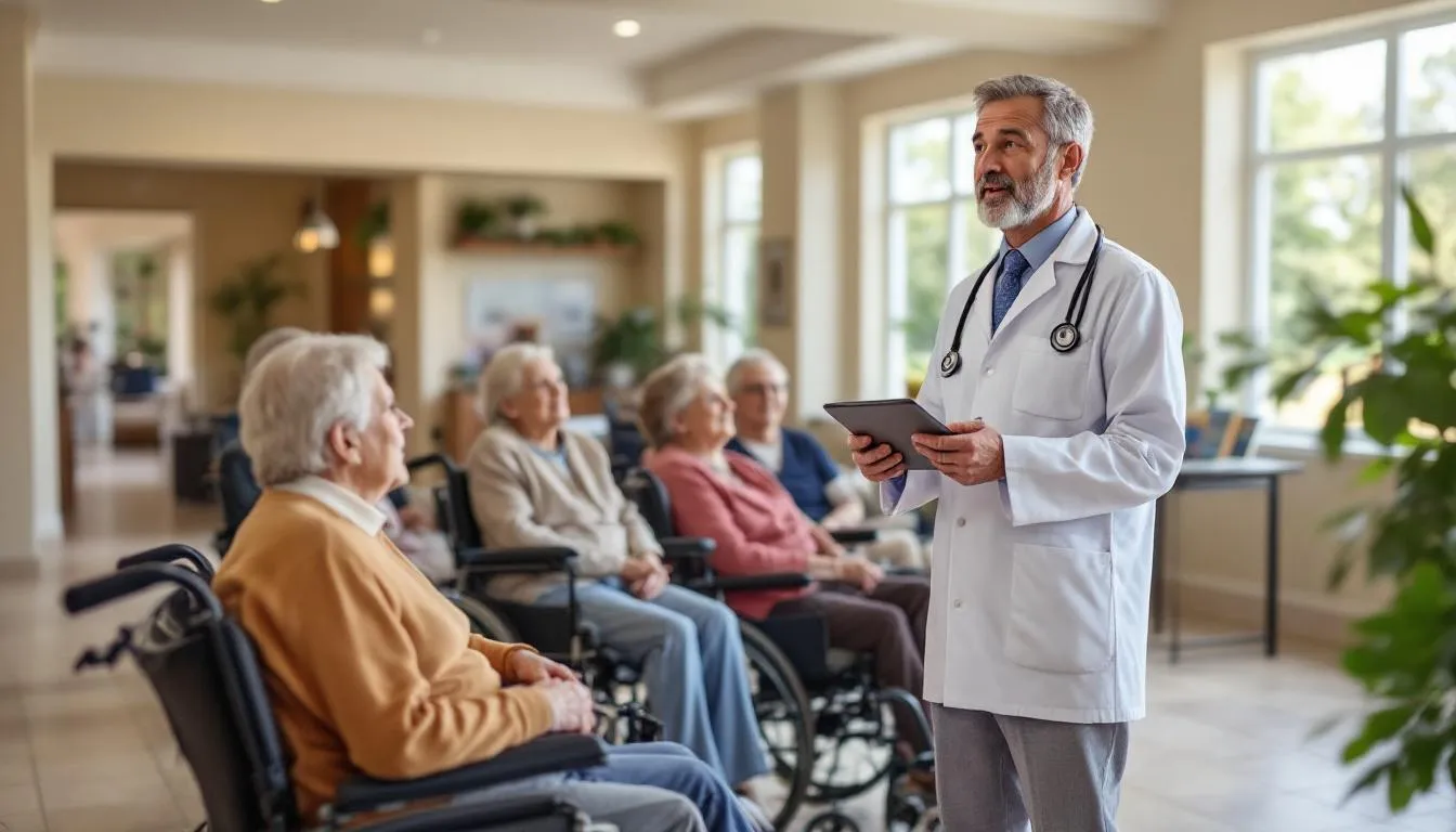 A healthcare provider is discussing vaccination information with elderly residents in a common area of a long-term care facility, emphasizing the importance of infection prevention and control measures to protect against healthcare-associated infections. The interaction highlights the role of healthcare workers in educating residents about disease control and the significance of appropriate personal protective equipment.