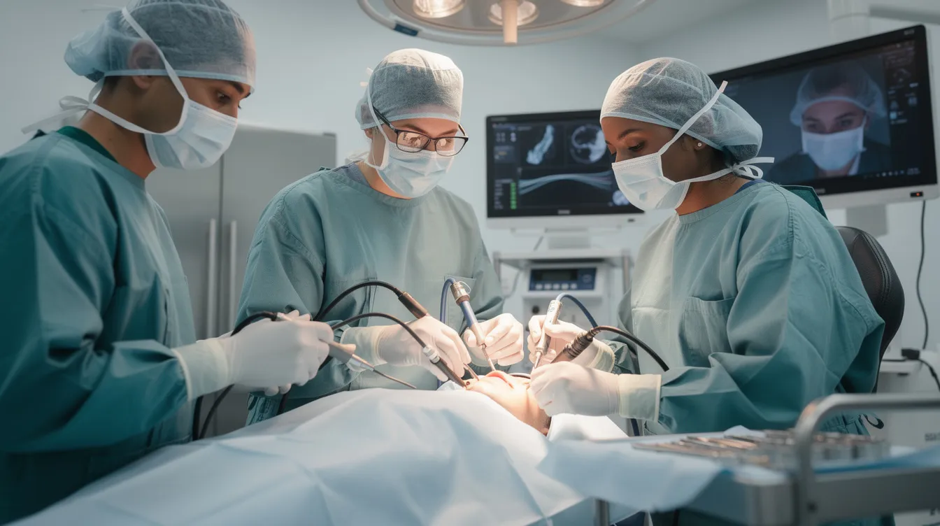 The image shows a surgical team in a sterile operating room, performing a minimally invasive fat transfer breast augmentation procedure. Soft lighting highlights the focused professionals as they work to enhance breast size using purified fat cells from the patient's own body.