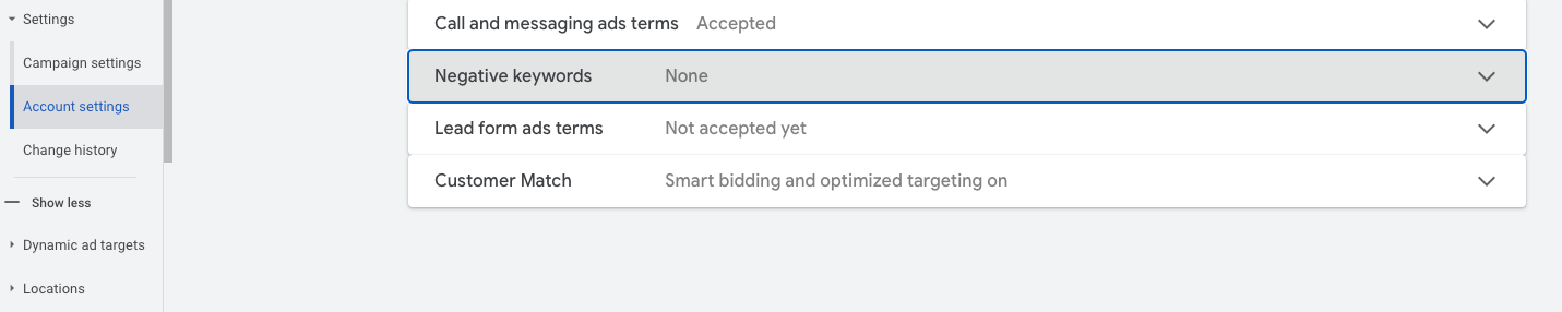 Account-level negative keywords section of Google Ads interface.