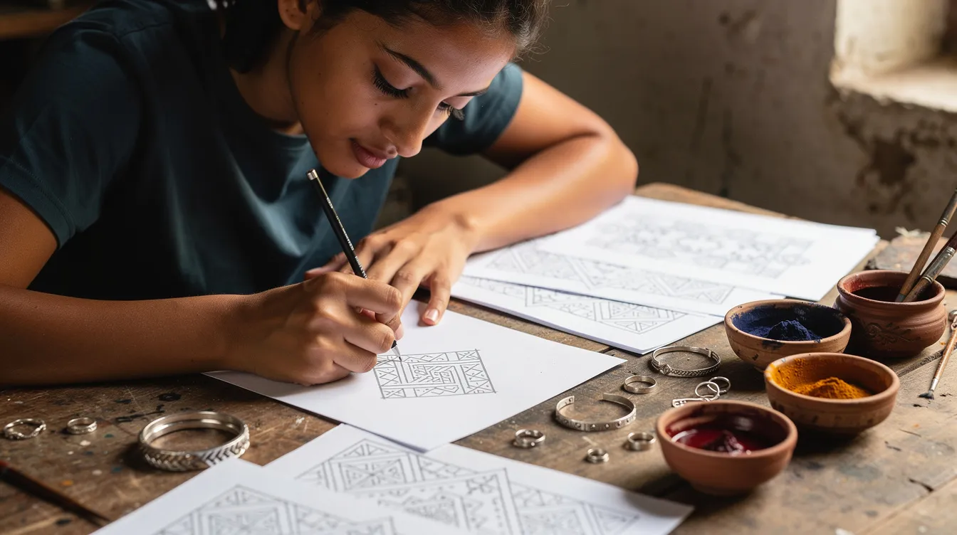 A young North African artist is sketching small geometric tattoo motifs on paper, surrounded by silver jewelry and bowls of natural dyes, reflecting the rich cultural heritage of Amazigh tattooing traditions. The intricate designs symbolize protection and express ethnic identity, showcasing the artistic symbols that are significant in Berber culture.