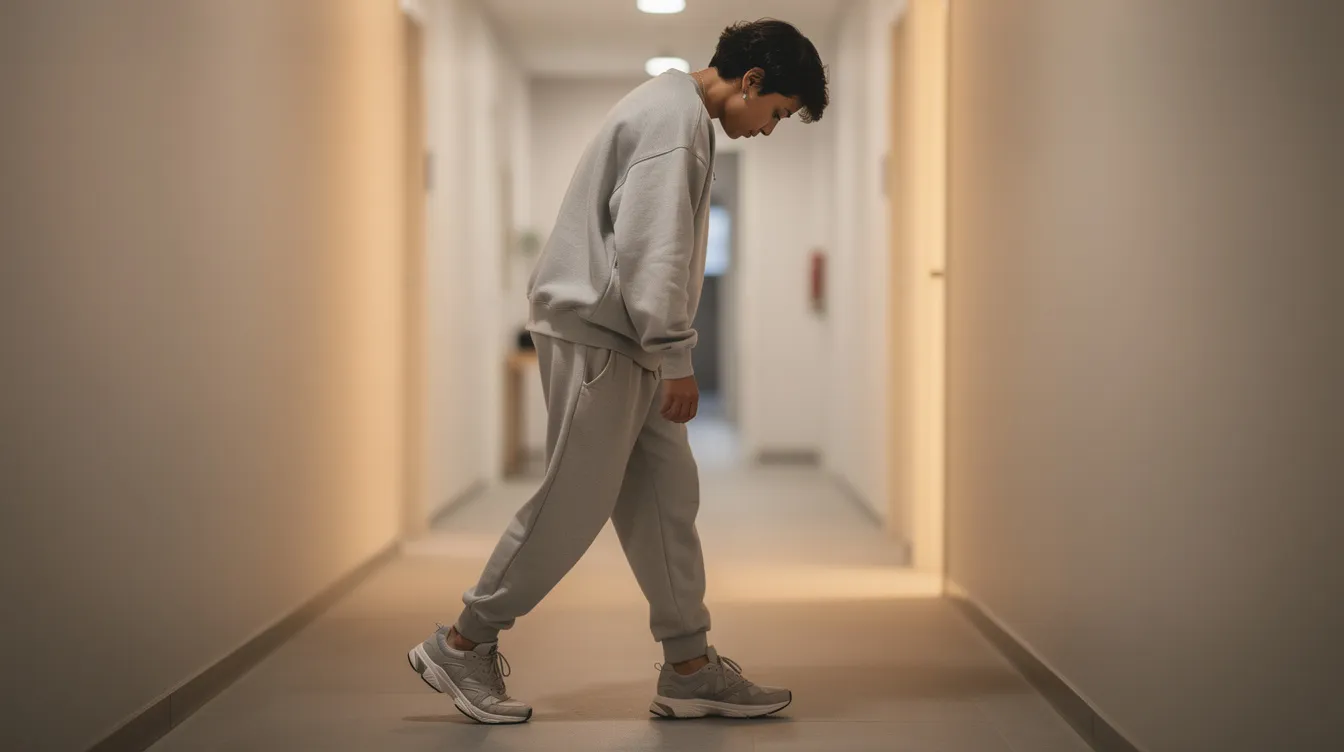A person is walking slowly indoors with a slightly hunched posture, dressed in comfortable clothing, likely in the early stages of their tummy tuck recovery. This gentle movement suggests they are following post-operative instructions to support healing while managing mild swelling.