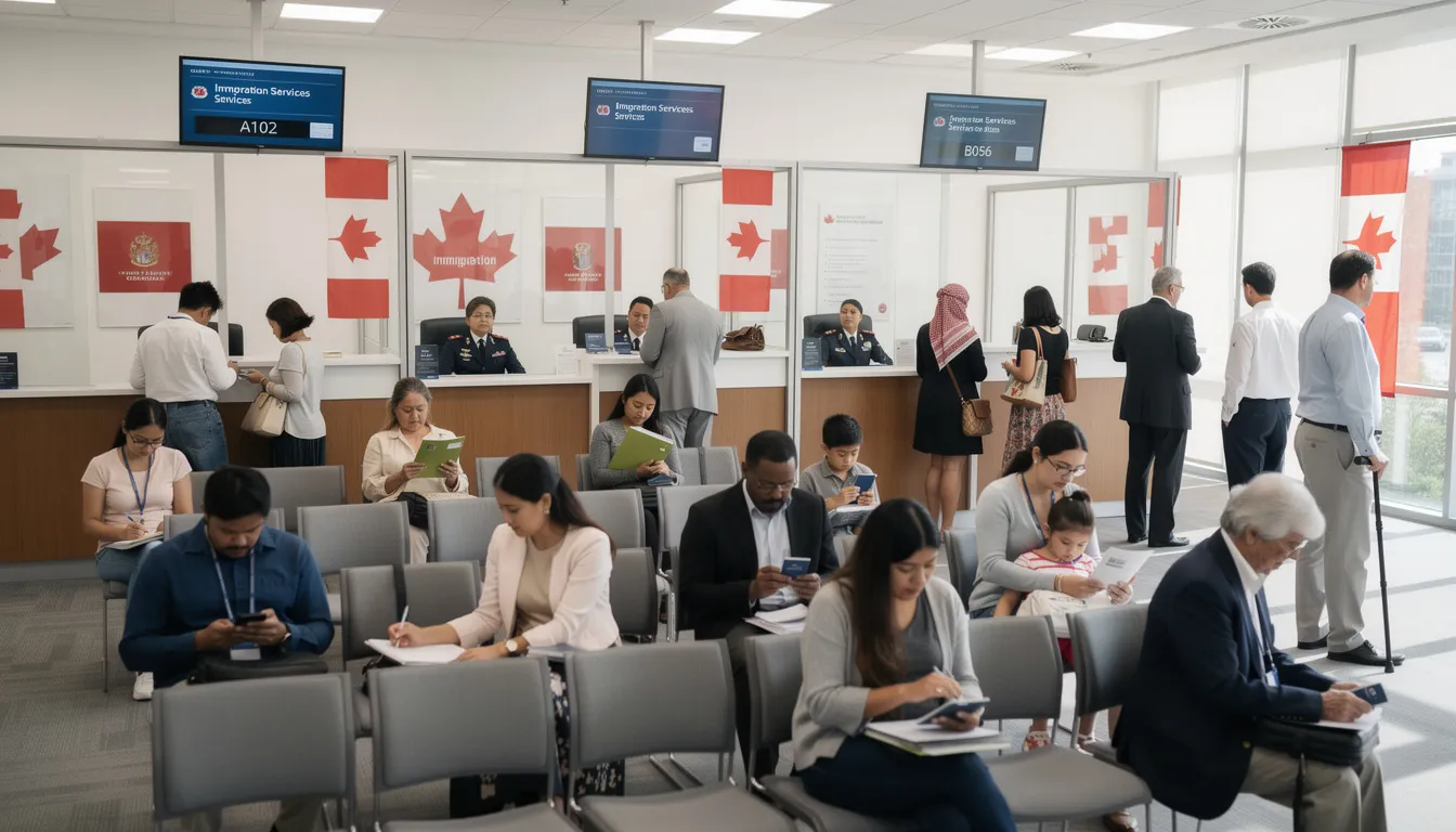 The image shows a Canadian immigration office bustling with a diverse group of people, including immigrants and temporary residents, waiting for services related to their citizenship and permanent residency applications. This scene highlights Canada's immigration system, reflecting the country's commitment to welcoming individuals from various backgrounds as part of its economic immigration and refugee protection efforts.