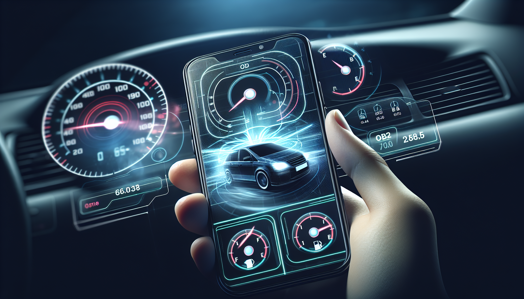 Illustration of real-time vehicle data displayed on a smartphone screen using an OBD2 app