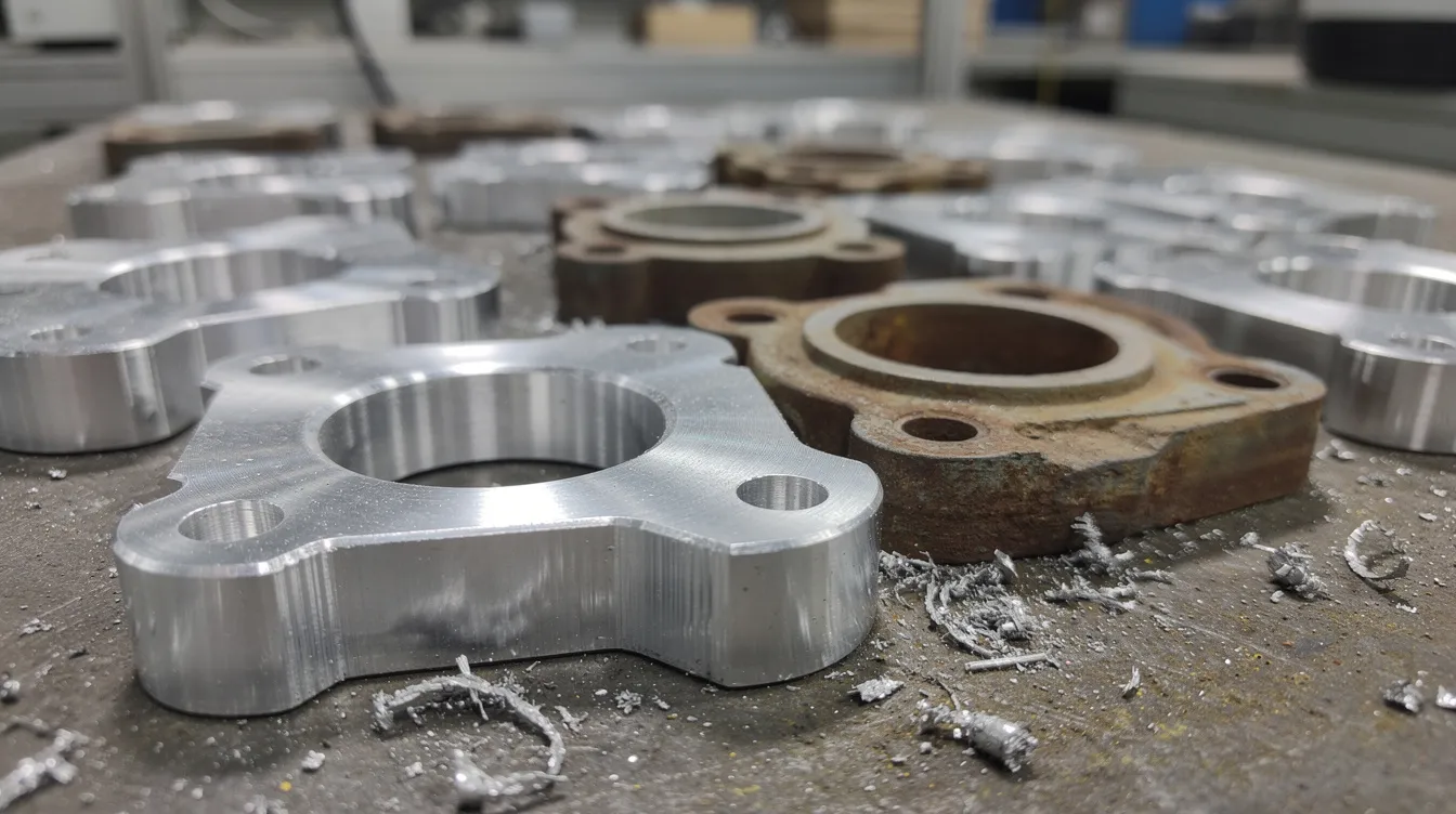 The image depicts a close-up view of freshly CNC-machined aluminum parts with bright metallic surfaces, contrasted against parts exhibiting visible surface oxidation and discoloration. The oxidized parts show a protective oxide layer, indicating the effects of environmental corrosion and the importance of the aluminum passivation process for corrosion resistance.