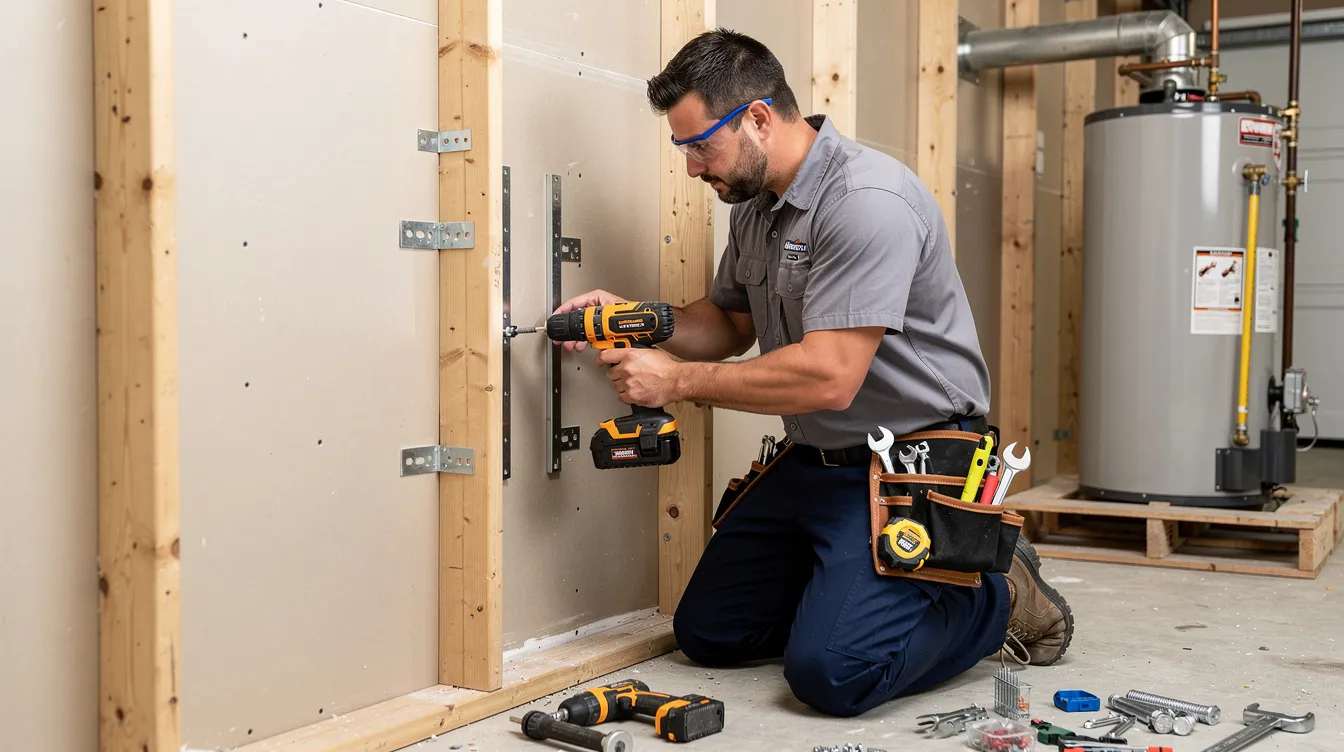 A professional plumber is securing mounting brackets to a wall in a residential garage, preparing for the installation of a new tankless water heater. The image captures the plumber focused on ensuring proper alignment and stability for the unit, which is part of an energy-efficient hot water system.