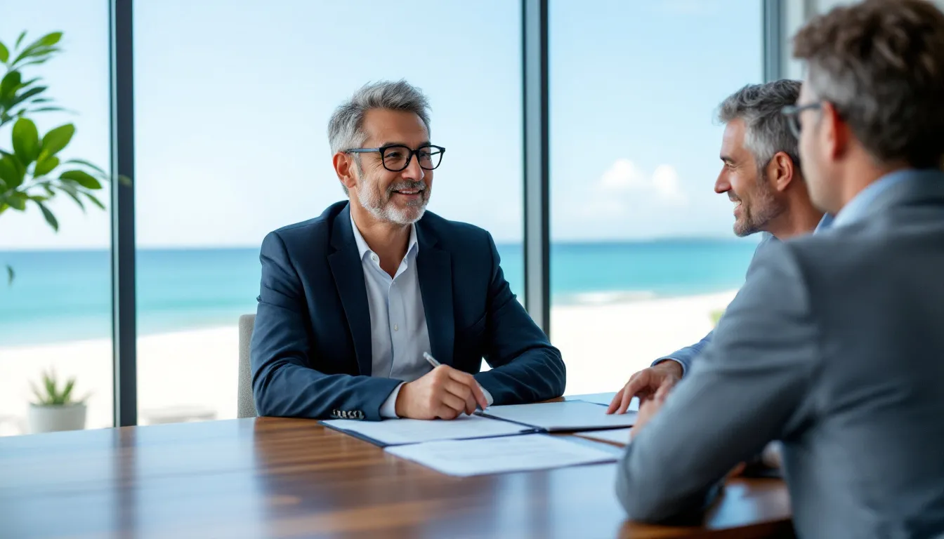 An experienced 60-year-old Asian male attorney is seated at a table in an office, discussing case files with a satisfied client, with the scenic Long Beach skyline visible in the background. This meeting reflects the attorney's commitment to providing legal representation for personal injury cases, including car accident claims and serious injuries.