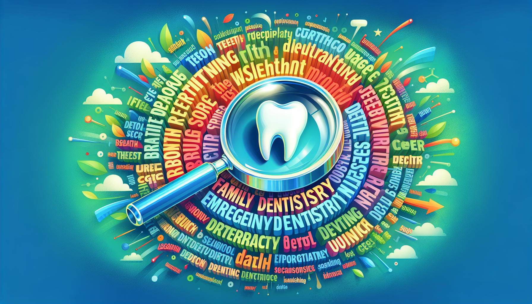 A creative depiction of keyword research for local SEO, with dental-related keywords highlighted.