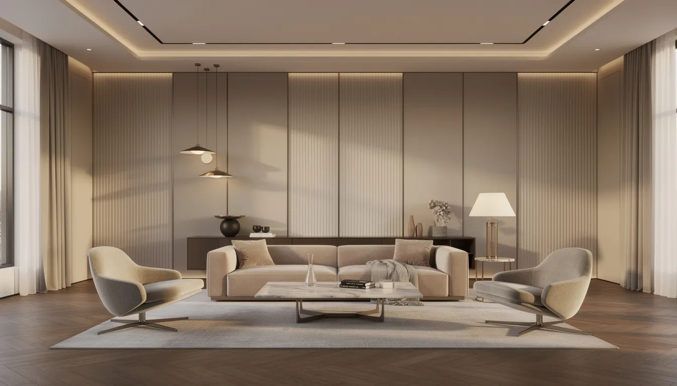 Een luxe showroom interieur met stijlvolle wandpanelen en designmeubels, verlicht door sfeervolle verlichting. De akoestische wandpanelen in verschillende kleuren dragen bij aan de moderne uitstraling en bieden praktische voordelen voor een vernieuwde ruimte.