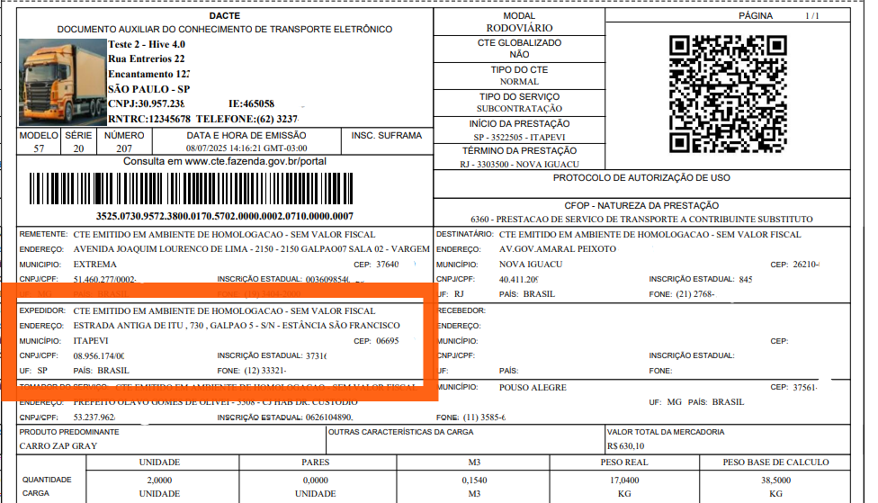 imagem do documento auxiliar dacte, destacando o campo expedidor