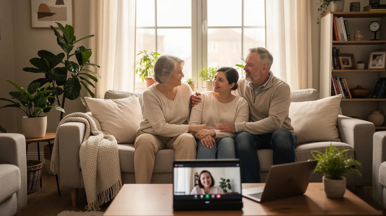 A family is seated together in a calm living room, engaged in a remote therapy call with a licensed mental health professional. This online therapy session focuses on providing mental health support for teens as they navigate life's challenges in a familiar and safe environment.