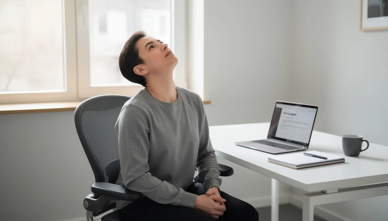En person sitter ved en kontorpult med en laptop, og strekker nakken for å lindre spenninger. Dette kan bidra til dyp avslapning og redusere stress etter en lang arbeidsdag.