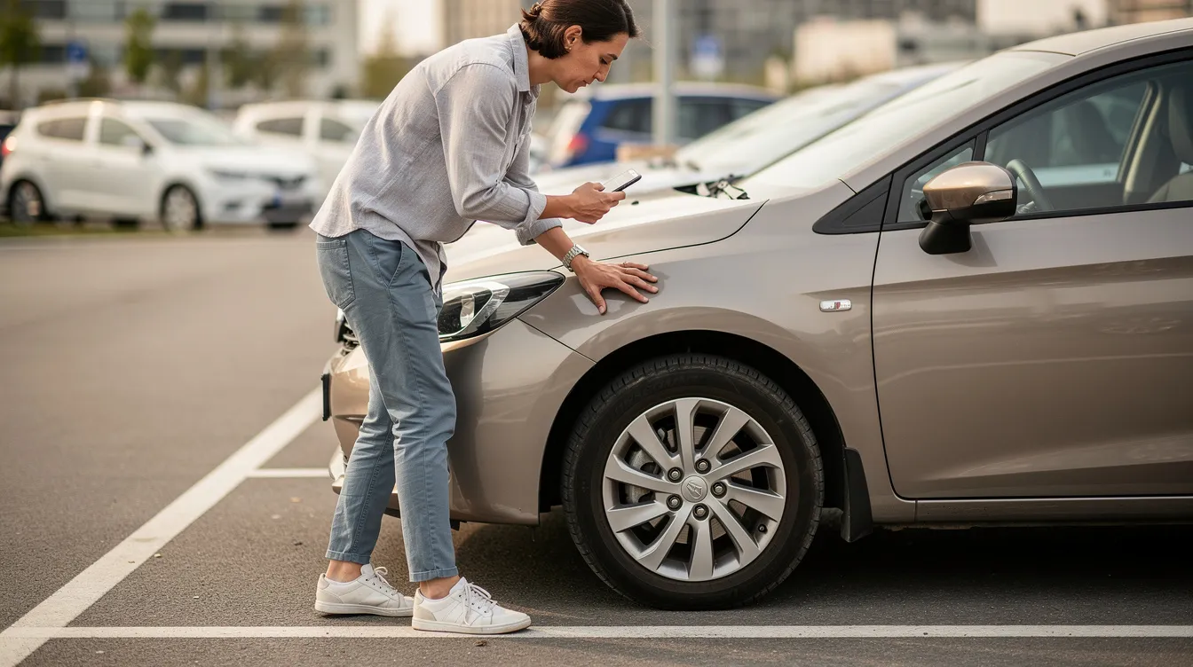 A man inspects the bodywork of a rental car before departure.