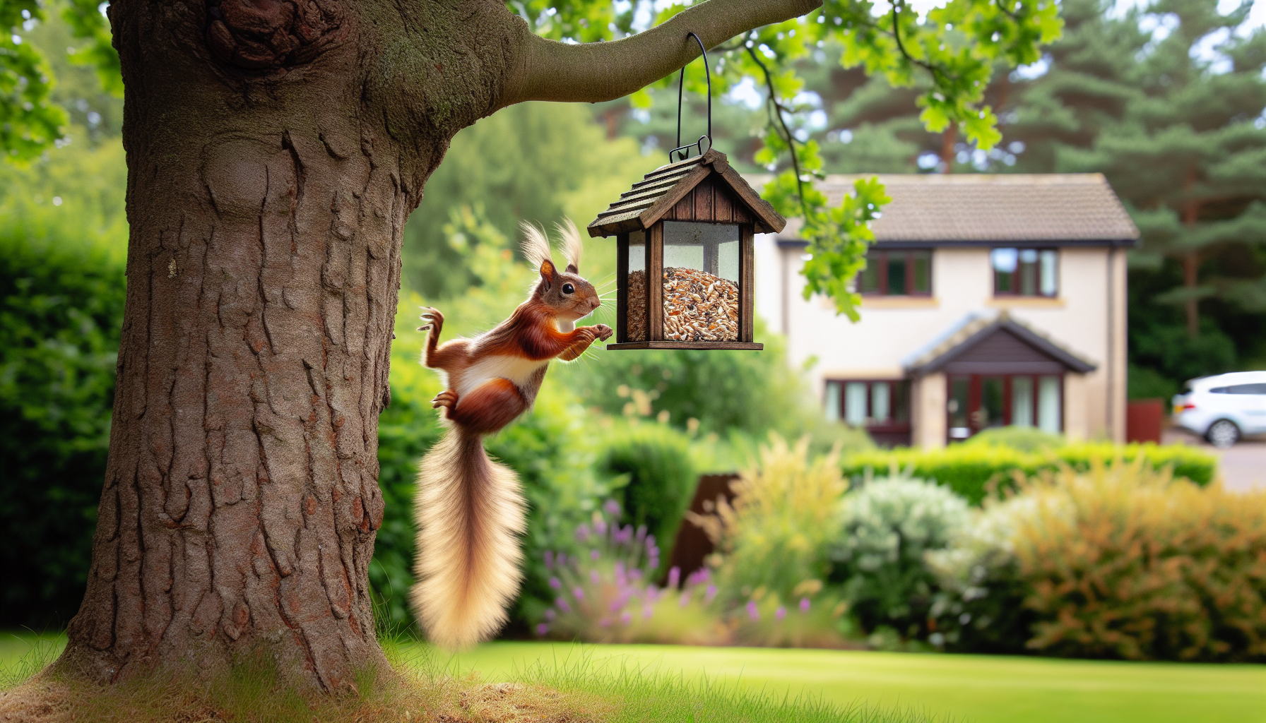 Squirrel foraging near bird feeder