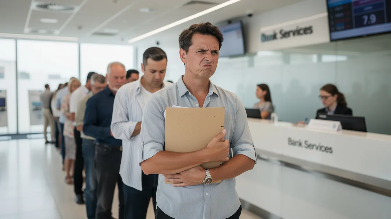 b35aa9b9 2919 486a b9e9 0bda79307338 The image depicts a frustrated individual standing in a bank queue, holding a file folder filled with various documents, possibly including a loan application form and proof of identity. The person's expression conveys the stress of repeatedly submitting required documents for a loan, highlighting the challenges faced by borrowers in financial institutions.