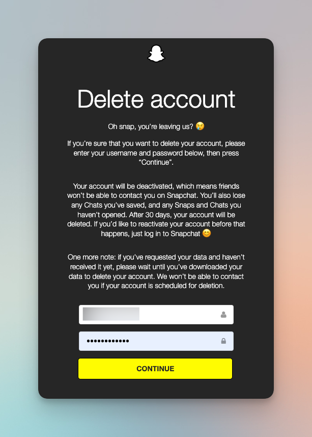 Remote.tools shows the Snapchat delete account screen 