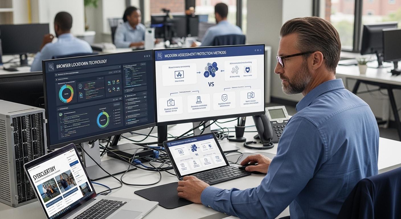 University IT administrator evaluating online exam security gaps, comparing browser lockdown technology with modern assessment protection methods